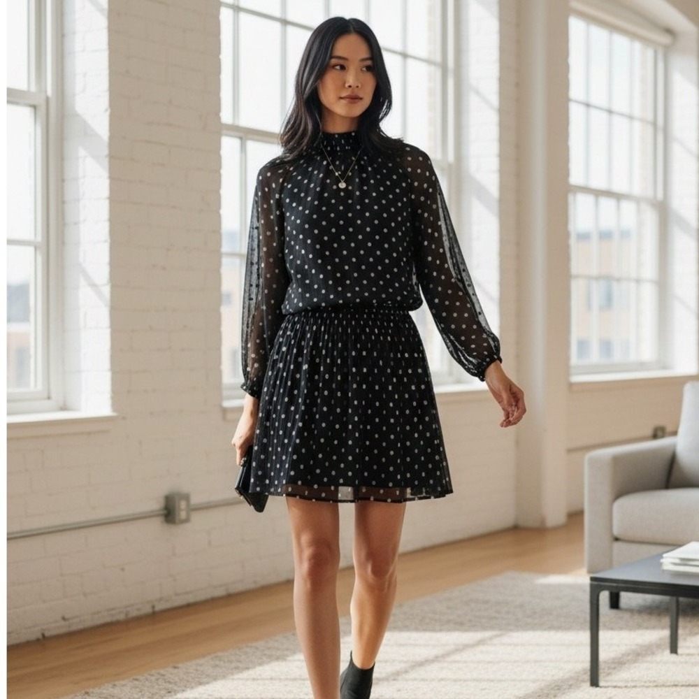 Velvet by Graham & Spencer Black Gold Metallic Polka Dot Smocked Mini Dress M - Picture 1 of 10